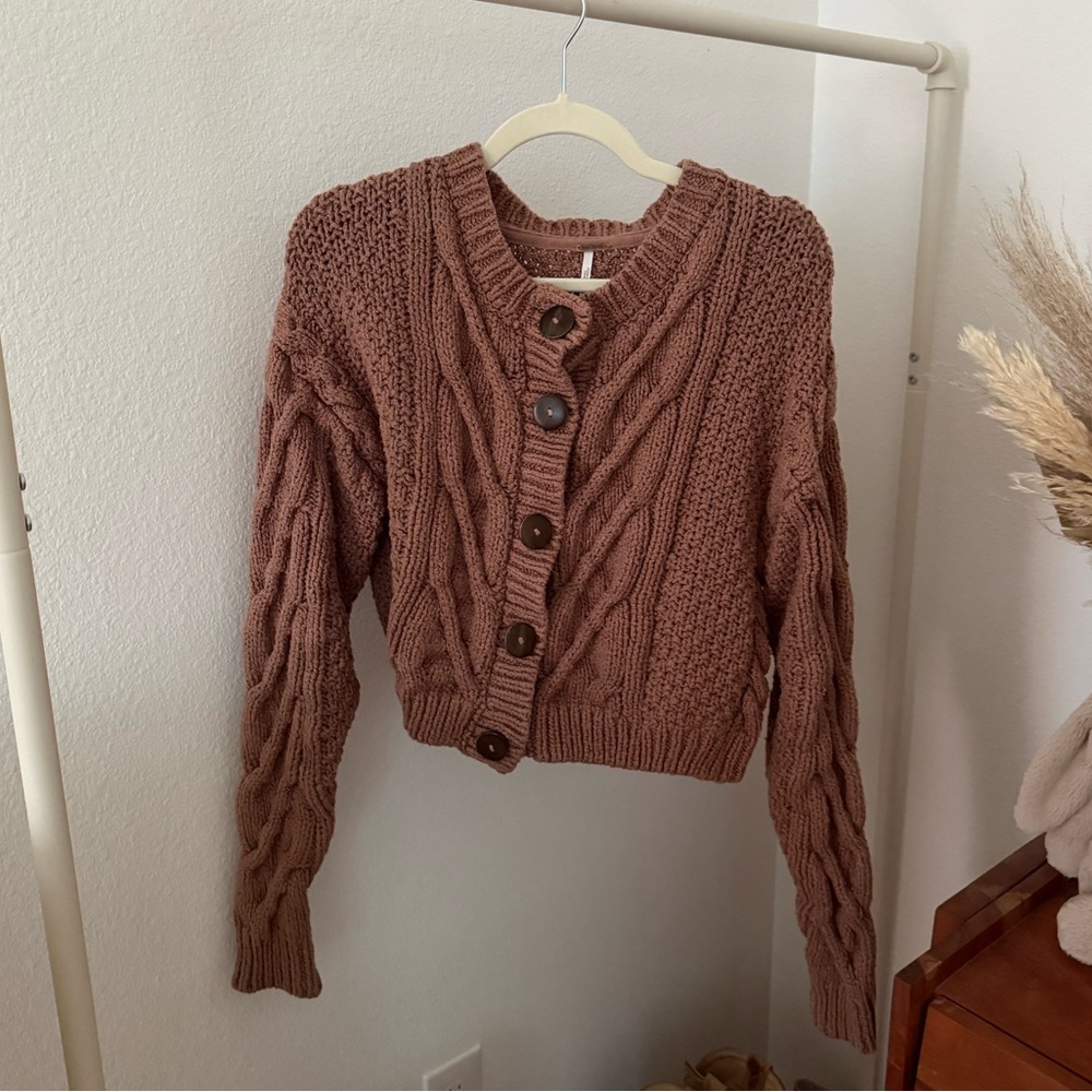 Free People Brown Cable Knit Cardigan Sweater